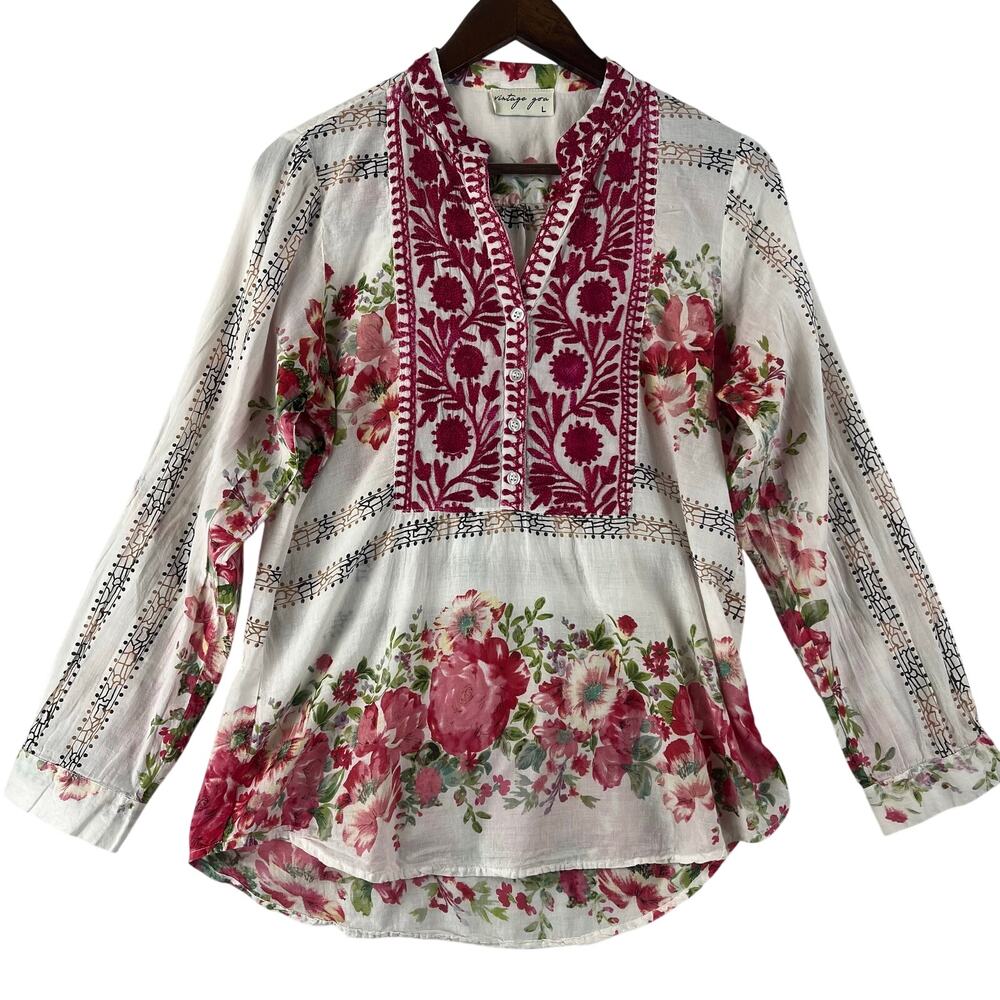 Vintage Goa Womens Embroidered Tunic Blouse SZ L White Red Floral Boho Chic